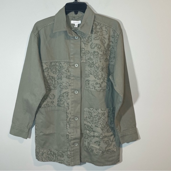 Topshop Twill Shacket Green with floral inset size US 4-6 - Picture 1 of 5